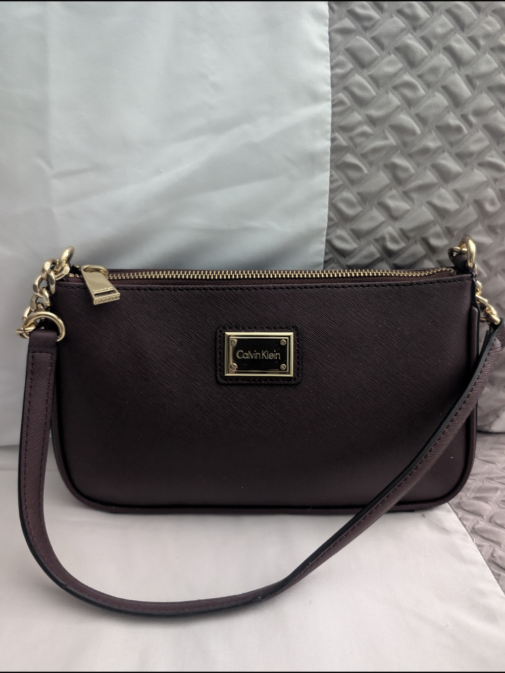 Calvin Klein Deep Plum Leather Crossbody with Gold Hardware